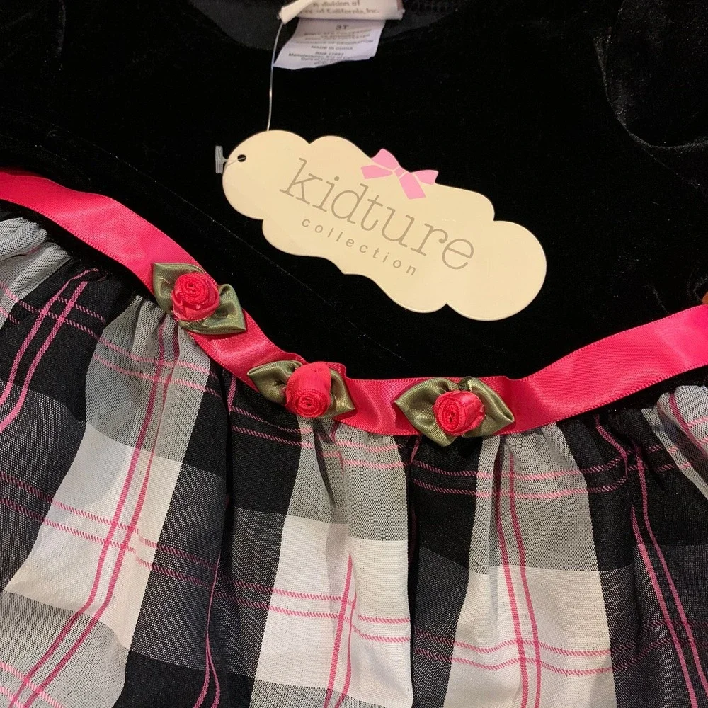 Kidture Collection Girls Dress New with Tags 4T Pink Black Plaid Velvety Top